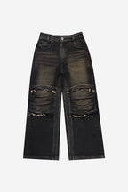 KNEE POINT WASHED DENIM PANTS BROWN