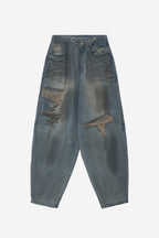 DESTROYED OIL WASHED WIDE DENIM PANTS